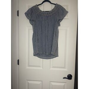 Max Studio Gingham Print Off Shoulder Blouse Xl Blue White Nwt Msrp 78